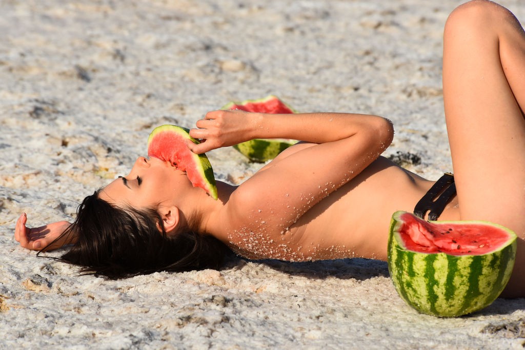 Mona - Naked fun with watermelon and a beautiful dark haired teen