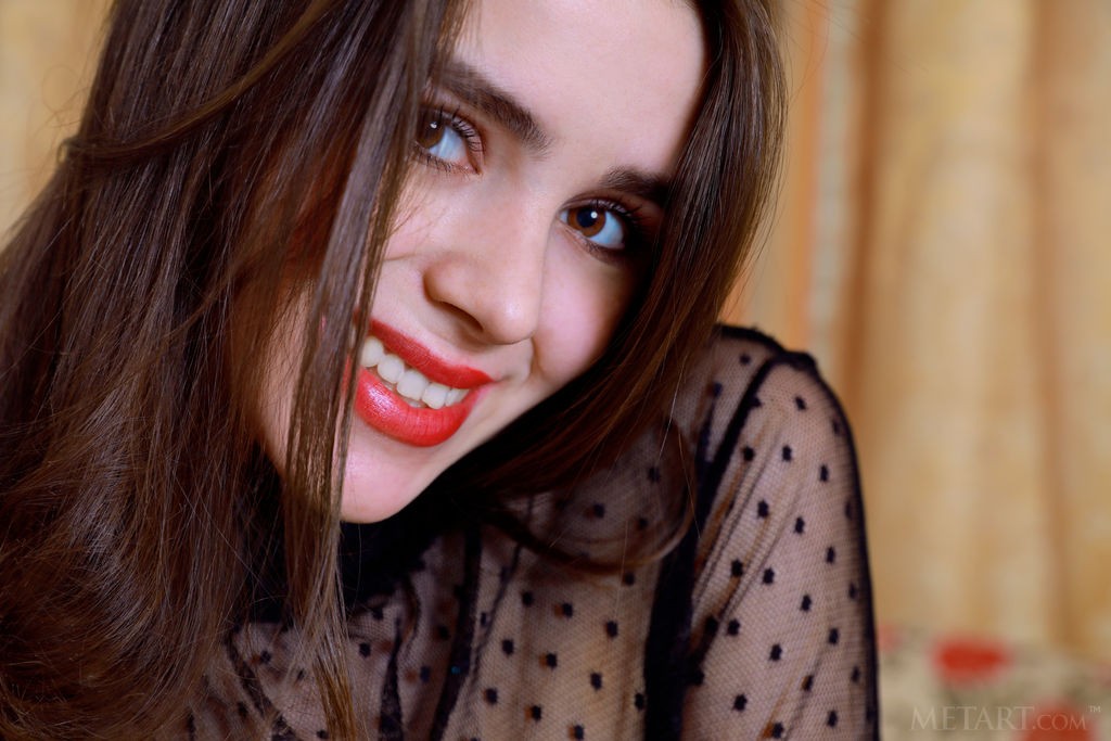 Eva Amari - See through top and bright red lipstick on a teen babe
