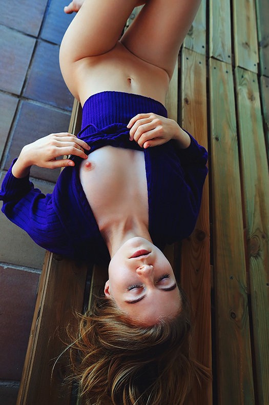 Shayla - Slim babe wears only silk blouse outdoors