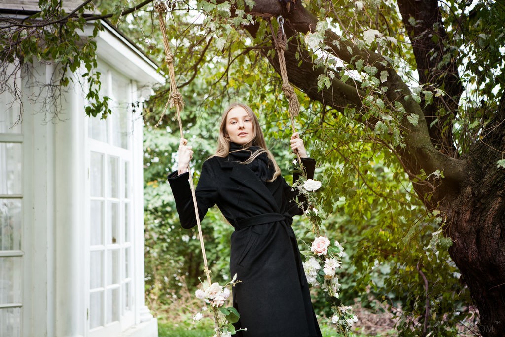 Nimfa - Naughty hottie puts on lingerie, coat and shoes on a walk