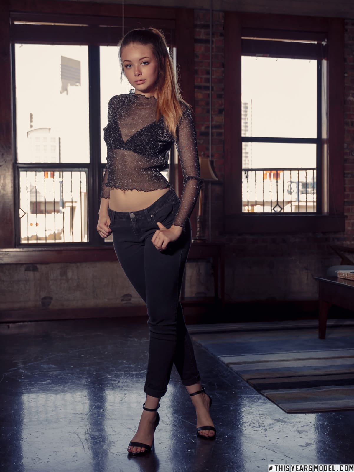 Lana Lea strips black jeans, top, and bra, exposing her small boobs and thin body