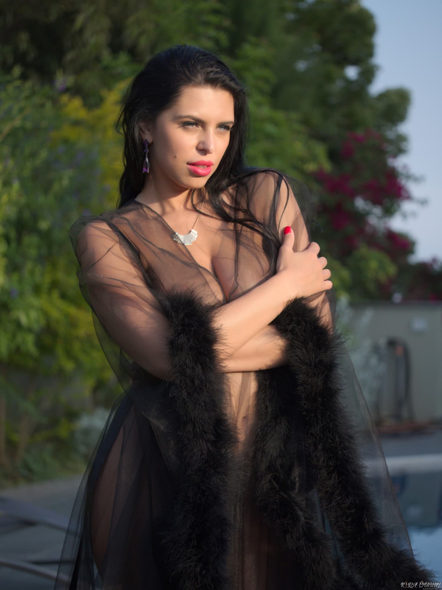 Kira Queen in see through sexy lingerie outdoors