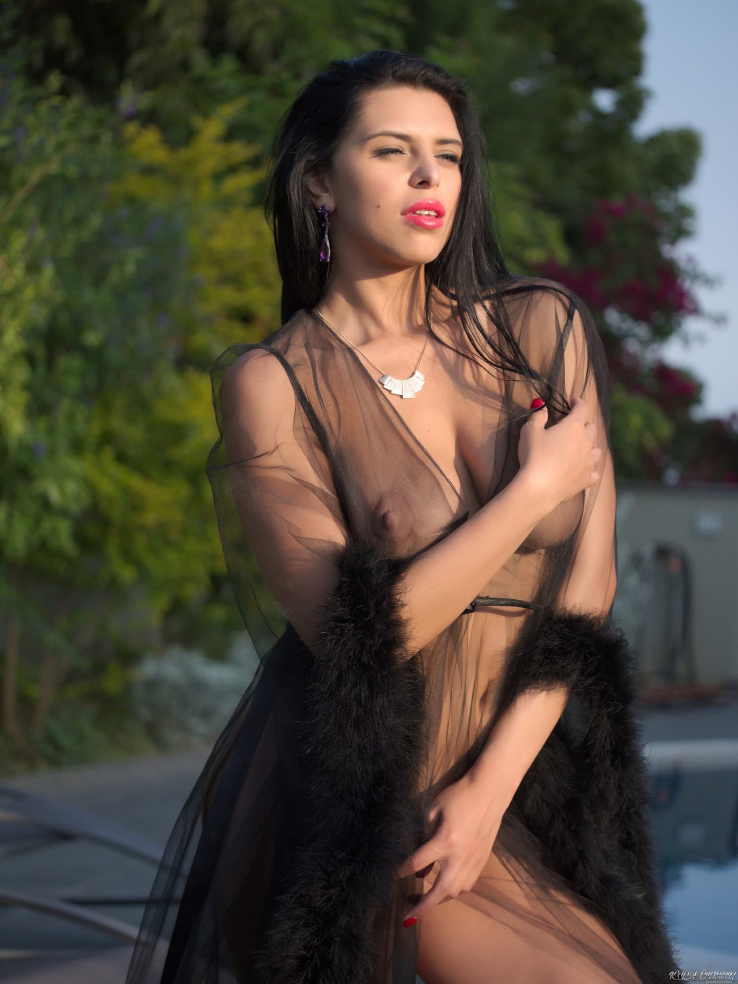 Kira Queen in see through sexy lingerie outdoors